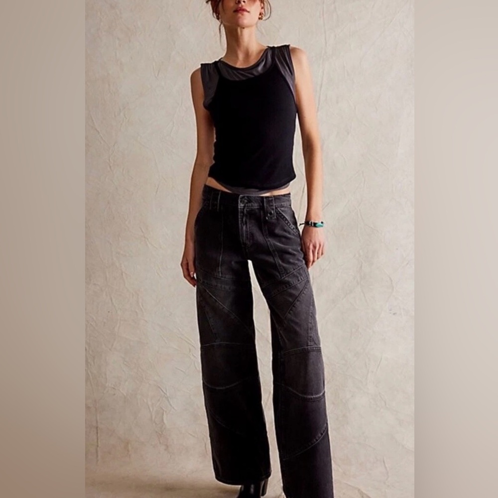 Free People We The Free Unknown Reasons Moto Distressed Wide Leg Jeans NWOT✨28